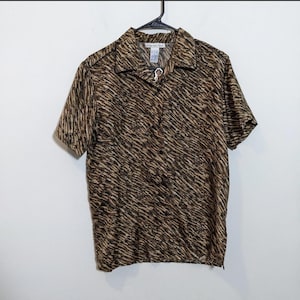 90s Silk Cat Print Shirt Vtg Indie Goth Button Up Anna & Frank S M Animal Print Short Sleeve Blouse