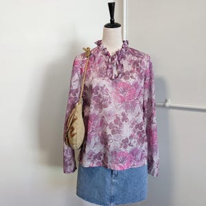 Vintage 70s Purple Floral Blouse – Sheer Boho Long Sleeve Top with Ruffle Neck and Tie – D Allaird’s Retro Shirt – Size L to XL