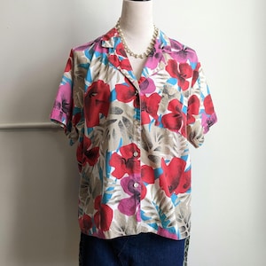 Vintage 90s Floral Button Up Shirt Large Cottagecore Boho Short Sleeve Top