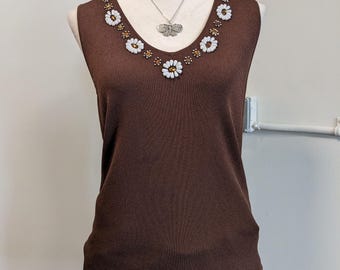 Vintage 90s Y2K Brown Knit Tank Top with Daisy Embroidery – Loulou Large Pullover Floral Stretchy Sleeveless Coquette Soft Girl Aesthetic