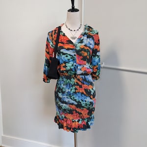 Vintage Y2K Miss Sixty Silk Mini Dress XS Multicolor Abstract Print Bodycon Stretch