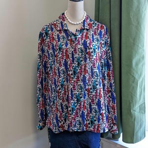 Vintage 80s Geometric Blouse Size Large Indie Retro Button Up Long Sleeve Sheer Shirt