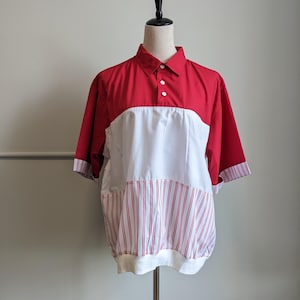 Vintage 1990s Red White Preppy Shirt – Men’s Large | Streetwear Indie Boxy Short Sleeve Cotton Top