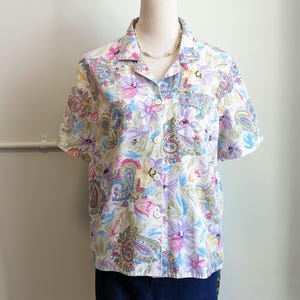 Vintage 80s paisley floral shirt large cotton boho cottagecore button up retro blouse