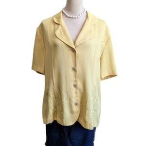 Vintage 90s Yellow Floral Blouse Cottagecore XL Button Up Short Sleeve Shirt