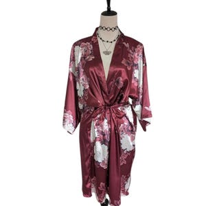 Vintage 90s Floral Satin Robe Burgundy Red Lightweight Short Sleeve Loungewear