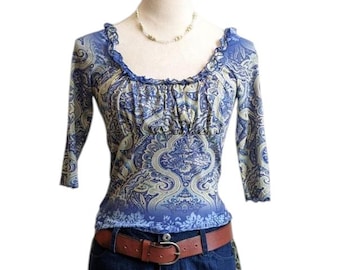 Vintage Y2K Blue Paisley Ruffle Top Mesh Indie Boho Sheer 2000s Medium Blouse