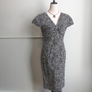 Vintage 90s Black White Polka Dot Midi Dress – 1990s Retro Mod Short Sleeve Cotton Blend Size 8 Fitted Back Zip Minimalist Dress