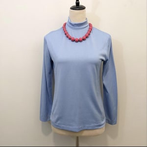 70s Blue Turtleneck Top Vtg Mod Preppy Blouse Small Long Sleeve Retro Minimalist Stretchy Pullover