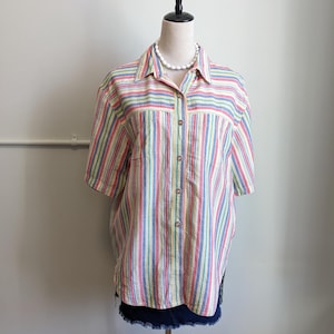 Vintage 90s striped shirt large minimalist short sleeve button up retro cotton blend blouse