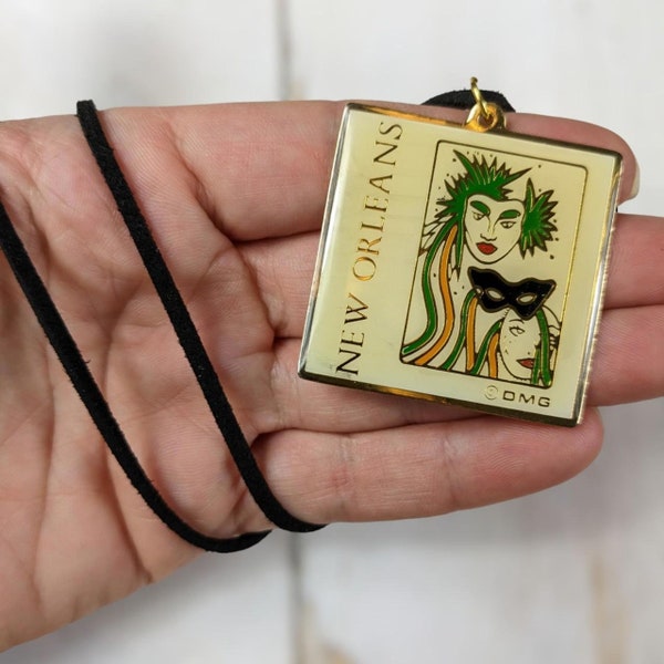 Vintage New Orleans pendant necklace. Reclaimed boho indie Mardi Gras large charm necklace. Vtg upcycled retro goth pendant necklace.