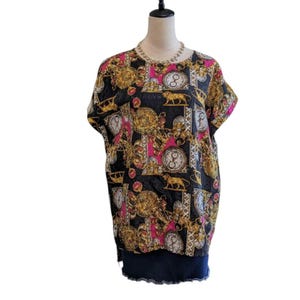 Vintage 80s baroque blouse by Maggie Lawrence XL black gold lion clock short sleeve top pullover lightweight retro indie large xl shirt