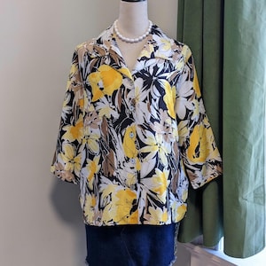 Vintage 90s floral button up shirt large cottagecore blouse boho 3/4 sleeve top