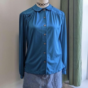 Vintage 70s green blue blouse medium large minimalist retro button up shirt long sleeve 1970s indie poly top