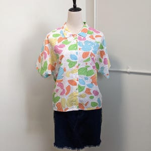 Vintage 90s Floral Blouse Large | Boxy Button Up Shirt Colorful Cotton Blend Top
