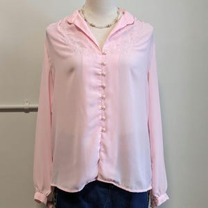 Vintage 1980s Pink Floral Blouse – Large | Coquette Cottagecore Semi Sheer Button Up Long Sleeve