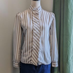 Vintage 70s Striped Academia Blouse – Small 1970s Preppy Retro Brown Beige White Long Sleeve Button Up Shirt by Robyn’s Nest