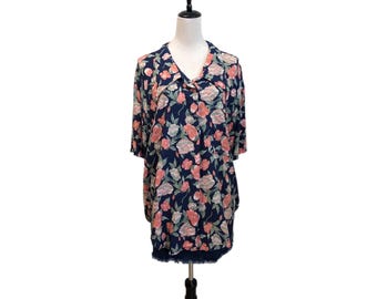 Vintage 1990s floral rayon button up shirt by Maggie and Lawrence cottagecore boho oversized fit size 14 16 chest pocket