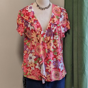 Vintage Y2K cottagecore top large XL floral fairycore short sleeve pullover blouse 2000s retro pink flower print shirt