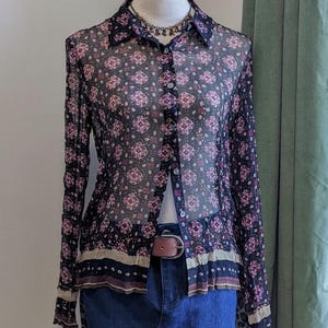 Vintage Y2K Sheer Silk Blouse – 00s Boho Geometric Button Up Shirt S/M