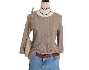 Vintage Y2K Neely Open Knit Sweater Beige Lightweight 3/4 Sleeve Boho Indie Minimalist Pullover Stretch XS