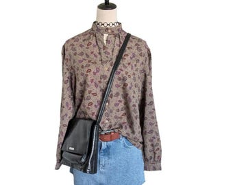 Vintage 70s Ship N Shore Paisley Button Up Shirt Brown Floral Boho Blouse Boxy Fit L XL