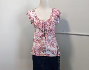 Vintage Y2K Coquette Fairy Blouse – XS Pink Floral Ruffle Top by Lauren Concord E23341