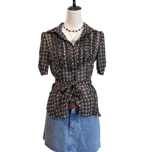 Vintage Y2K Worthington Sheer Brown Ruffle Button Up Blouse Size 4