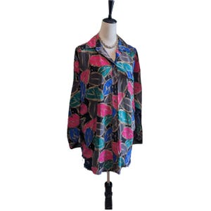 Vintage 90s 1990s Jap Collections Floral Shirt Abstract Print Pink Teal Button Up Boxy Indie Cottagecore Retro Blouse 1X 2X