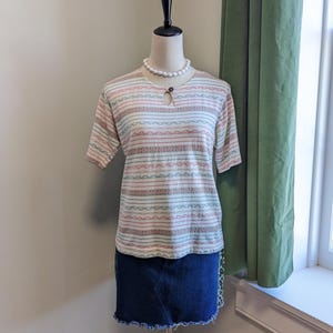 Vintage 70s Striped Shirt S M | Retro Cottagecore Cotton Tee | Indie Short Sleeve Pullover Blouse