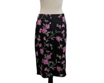 Vintage Y2K Floral Midi Skirt, Black Pink Fairycore Coquette Small