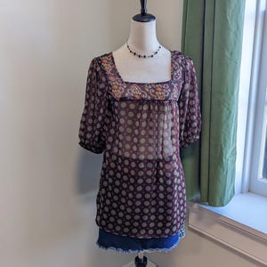Vintage Y2K Boho Paisley Top Small Sheer Floral Fairy Grunge Blouse Pinky Short Sleeve Pullover Shirt