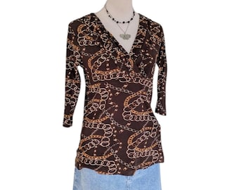 Vintage mid 2000s brown chain print top by Willi Smith with deep v neckline 3/4 sleeves stretchy nylon pullover style size medium