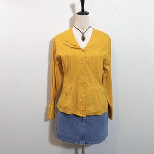Mustard Yellow Blouse Vtg Nok Nok Cotton Top M Ruffle Collar Cottagecore Button Up Romantic Boho Shirt