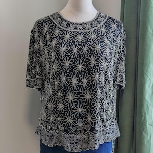 Vintage 80s Black Beaded Silk Top – 1X | 1980s Boho Indie Floral Short Sleeve Blouse by Papell Boutique