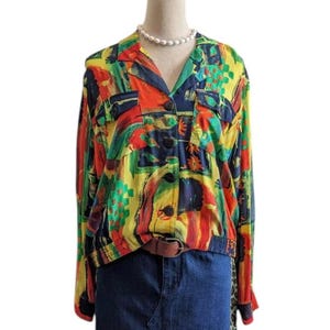 Vintage 90s Geometric Shirt – Colorful Rayon Button Up Blouse Medium Large