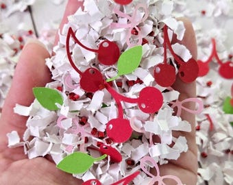 Confeti de cereza con lazo rosa, decoración para fiesta de coqueta, decoración de mesa con confeti para primer cumpleaños de niña, decoración para fiesta de baby shower de cereza