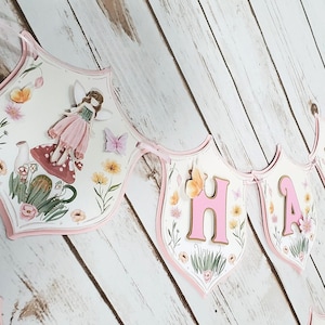 Watercolor Fairy Birthday Banner Party Decorations Fairy Garden Themed Party Decor Butterfly Pixie Girl Birthday Decor For First Birthday