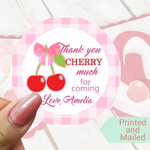Personalized Cherry Birthday Sticker Cherry on Top Theme Thank You Favor Stickers For Birthday Treat Bag Stickers