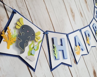 Banner de feliz cumpleaños de ajolote para niños, decoraciones para fiestas de ajolotes, cumpleaños de ajolote para niño, banner para fiesta temática de ajolotes, banner de ajolotes