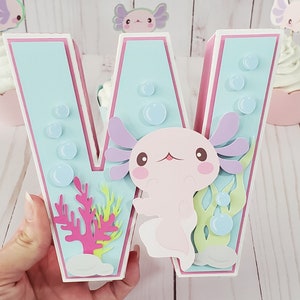 Lettre 3D axolotl, décoration de fête axolotl, fête d'anniversaire axolotl, lettre 3D personnalisée, décoration de fête à thème axolotl, chiffre 3D, fête de la salamandre