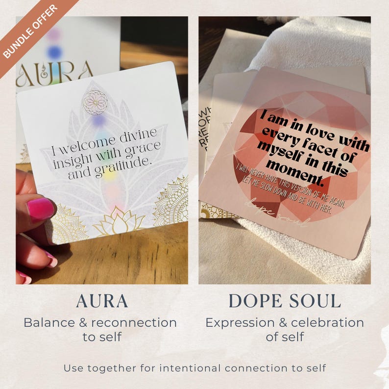 May include: Two square cards with text and designs. One card says "I welcome divine insight with grace and gratitude." The other says "I am in love with every facet of myself in this moment." The cards are labeled "AURA" and "DOPE SOUL".