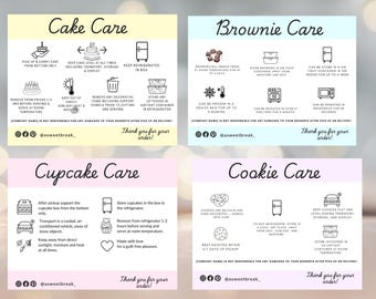 Pacote de cartões de cuidados com bolos e guloseimas | Modelos editáveis do Canva | Cartões de instruções de confeitaria para clientes | Download instantâneo | Encarte para cuidados com a massa.