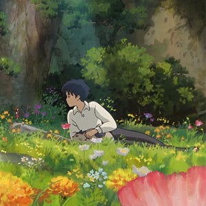 May include: An animated illustration of a person lying in a field of colorful flowers. The person is wearing a white shirt and dark pants. The scene is set in a lush green environment with trees and foliage in the background.