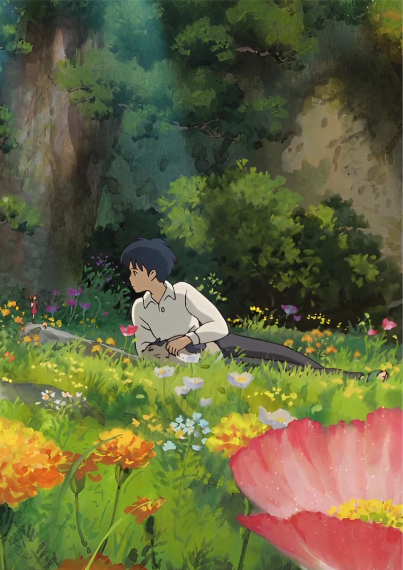 May include: An animated illustration of a person lying in a field of colorful flowers. The person is wearing a white shirt and dark pants. The scene is set in a lush green environment with trees and foliage in the background.