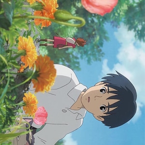 May include: An animated scene featuring a young man in a white shirt looking up, with a girl in a pink dress floating in the background. The foreground is filled with orange and pink flowers, with a blue sky and clouds.