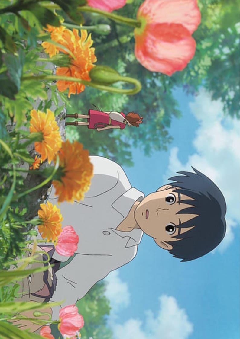 May include: An animated scene featuring a young man in a white shirt looking up, with a girl in a pink dress floating in the background. The foreground is filled with orange and pink flowers, with a blue sky and clouds.