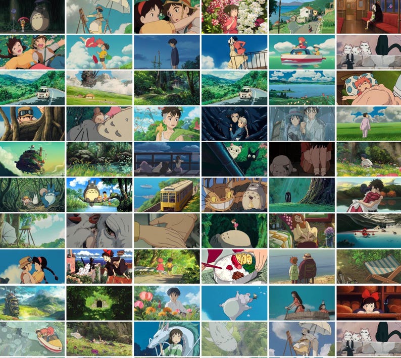 May include: A collage of animated scenes from a Japanese film, featuring characters in various outdoor settings. The scenes depict children, fantastical creatures, and landscapes with vibrant colors and detailed artwork. The overall theme is fantasy and adventure.