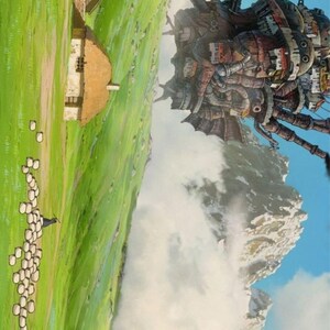 May include: An animated landscape featuring a green field, a small house with a thatched roof, and a large, complex, steampunk-style moving structure. A flock of sheep grazes in the foreground, with mountains and clouds in the background.