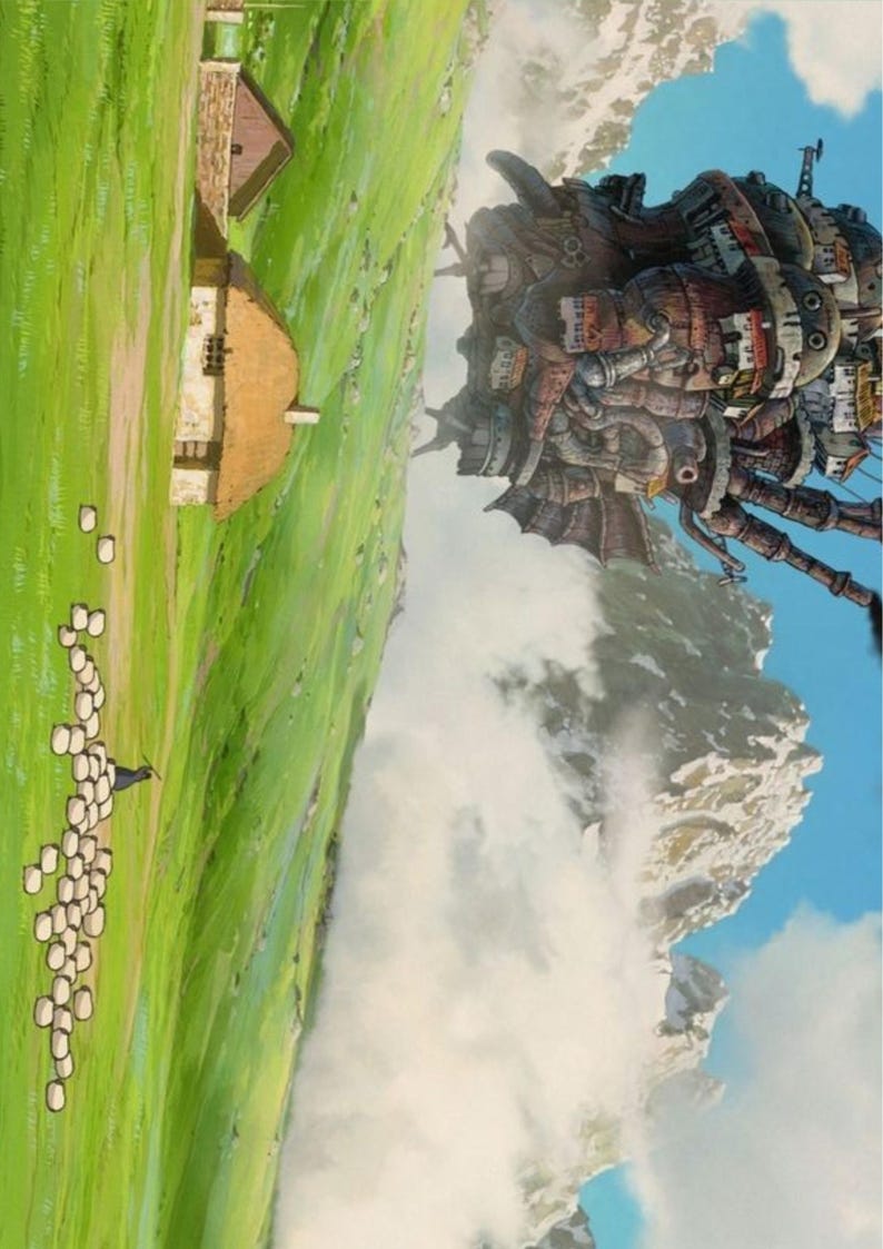May include: An animated landscape featuring a green field, a small house with a thatched roof, and a large, complex, steampunk-style moving structure. A flock of sheep grazes in the foreground, with mountains and clouds in the background.